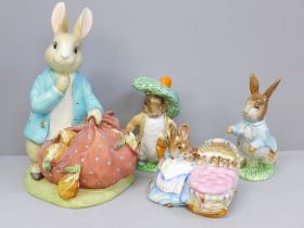 Three Beswick Beatrix Potter figures, Hunca Munca with gold backstamp, Peter Rabbit and Benjamin