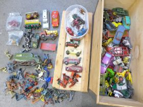 A collection of plastic toy soldiers, die-cast model vehicles, Dinky, Corgi and Matchbox,