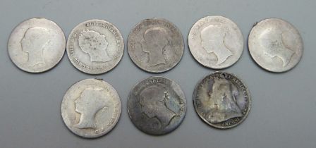 Eight 19th Century silver coins, one William IV and seven Victoria, seven 4d and one 3d, some a/f