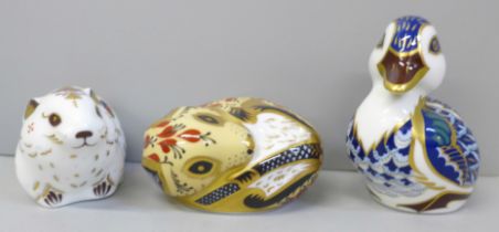 Three Royal Crown Derby paperweights, Duckling, Dormouse and Bank Vole, all boxed