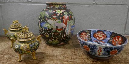 A Famille Noir large spice jar, restored, an Imari bowl and stand, Meiji period and a pair of pot