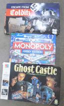 Three board games; Escape from Colditz, Monopoly Jersey edition and Ghost Castle