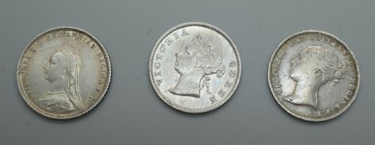 Three four pence coins; 1891 British Guyana, 1845, and 1888 jubilee head