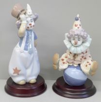 Two Lladro clowns on wooden bases, Having a Ball and The Magician's Hat