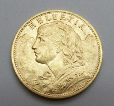 A Swiss .900 gold 20 Franc coin, 1922