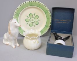 Two items of Belleek, one small basket vase, a Rough Collie dog, a Clarice Cliff 'Christine' plate