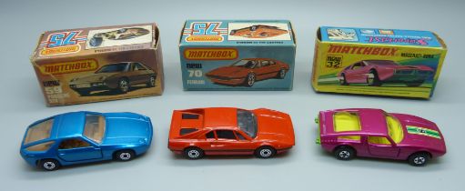 Three vintage Matchbox cars; a new Matchbox 32 Maserati Bora Superfast, a Matchbox 75 new 59 Porsche