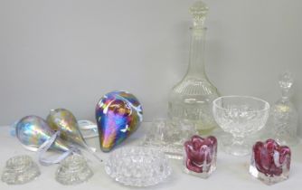 Three blown glass oil coloured hanging ornaments, decanter, etc.