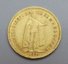 A Hungarian .900 10 crown gold coin, 1894