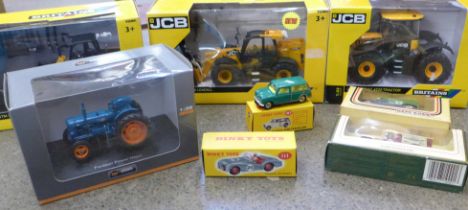 Four model vehicles; three Britains JCB, a Fordson Power Major by Universal Hobbies and other