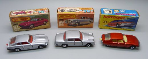 Three vintage Matchbox cars; one Matchbox 75 new 39 Rolls-Royce Superfast, a Matchbox 75 new 67