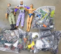 An articulated Action Man, one other, a Doctor X figure, and a collection of accessories,