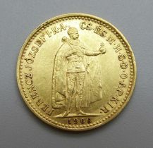 A Hungarian .900 10 crown gold coin, 1906