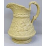 A Ridgway buff embossed jug decorated with Tavern scene and Highwayman scene