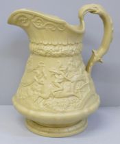 A Ridgway buff embossed jug decorated with Tavern scene and Highwayman scene