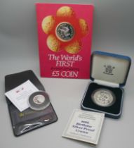 A £5 coin, The World's First decimal circulating £5 coin, a £1 silver proof Remembrance Day 2018