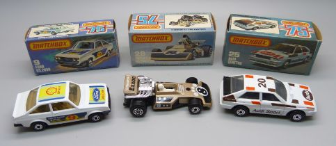 Three vintage Matchbox 75 cars in original boxes; one 25 Audi Quattro, a 9 Ford RS2000 and a 28