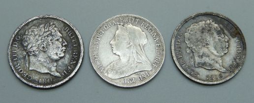 Two 1816 George III shillings and an 1897 shilling