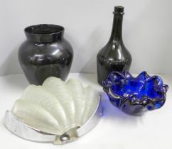 A Benedictine drinking vessel, a Bristol blue glass bowl, a vintage shell light fitting and a studio