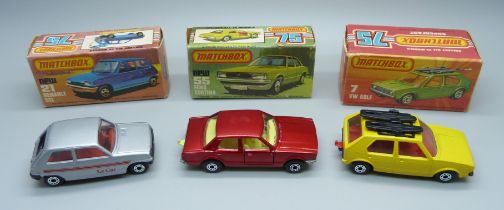 Three vintage Matchbox 75 cars in original boxes; a 7 VW Golf, a new 55 Ford Cortina and a new 21