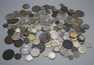Coins; a Victorian one penny model, silver 3d coins, other silver coins, British and world coins,