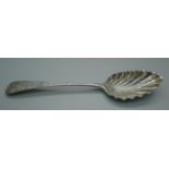 A George III silver spoon, with shell bowl and ornate detail, London 1797, Smith & Hayer, 60g