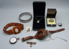 A silver and Blue John ring, Z, a silver bangle, an .800 silver fob watch, a gold plated brooch, a