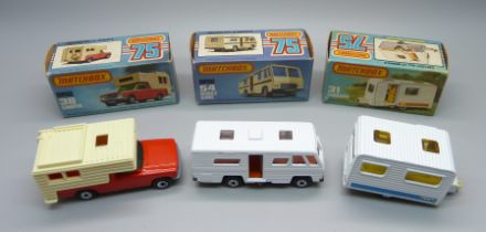 Three vintage Matchbox 75 cars in original boxes; a 31 Caravan, a 54 Mobile Home and a new 38 Camper