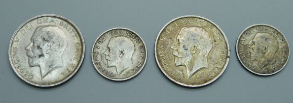 Two half-crowns, 1914 and 1916, and two shillings, 1914 and 1917