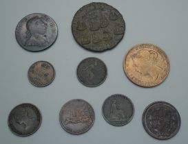 Assorted coins including a 1774 half-penny, four farthings, an 1844 half farthing, an 1820 George