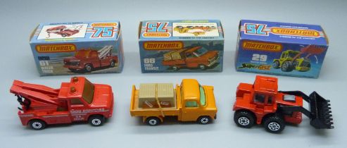 Three vintage Matchbox 75 cars in original boxes; a 29 Tractor Shovel Superfast, a new 61 Wreck