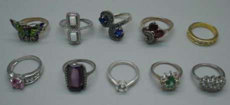 Ten silver rings, boxed, (two a/f)