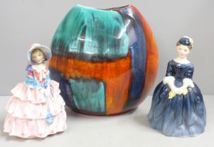 Two Royal Doulton figures, Cherie and Hazel, Hazel a/f, and a Poole Pottery Gemstones small purse