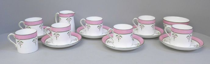 A Hammersley Art Deco style coffee set; six cups, seven saucers, cream and sugar, one cup a/f