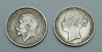 A Victorian 1882 shilling, fourth head, and a 1912 shilling