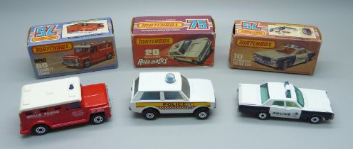 Three vintage Matchbox 75 cars in original boxes; a 10 Plymouth Police Car, box a/f, a Superfast