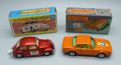 Two vintage Matchbox Superfast cars; one Volkswagen and a 45 BMW 30 CSL