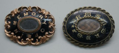 Two Victorian memorial brooches, one lacking pin