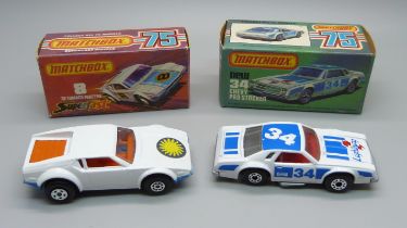 Two vintage Matchbox 75 cars; a 8 De Tomaso Pantera Superfast and a new 34 Chevy Pro Stocker