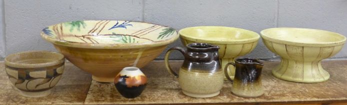 Two studio pottery bowls and a vase, two jugs and two pedestal bowls **PLEASE NOTE THIS LOT IS NOT
