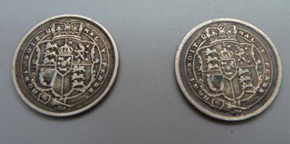 Two George III shillings; 1816 and 1818