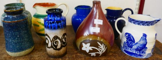 Eight large jugs and display vases including West German, Denby and Moorland Chelsea Works