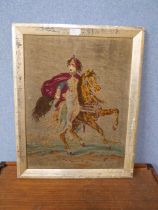 A Victorian woolwork tapestry depicting a Hussar with horse