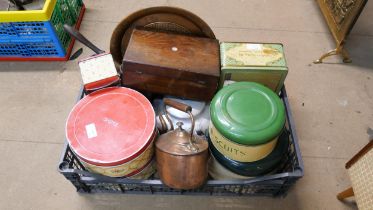 Tins, a Johnnie Walker advertising tray, a copper kettle and pan, a teapot and a box