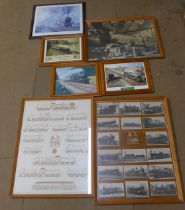 A collection of railway prints, framed