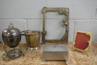 Two Art Nouveau style photograph frames, a Mappin & Webb plated egg warmer, a plated bottle cooler