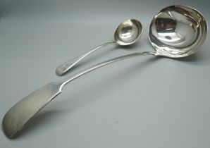 A George III silver ladle, London 1796, 48g, and a larger plated ladle