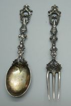 An ornate German caste silver spoon and fork, 46g
