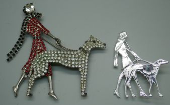A large Butler & Wilson articulated brooch of a lady walking a dog with red, white and black