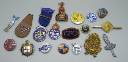 A silver and enamel golfer brooch, enamel a/f, Raleigh Cycles head badge, GPO badge, Butlin